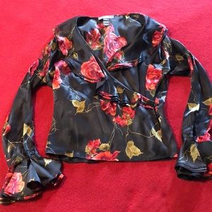 Black and red rose wrap blouse